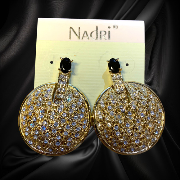 NEW Nadri Gold-Tone CZ Pavé Disc Drop Earrings Black Statement Doorknocker - Picture 6 of 6